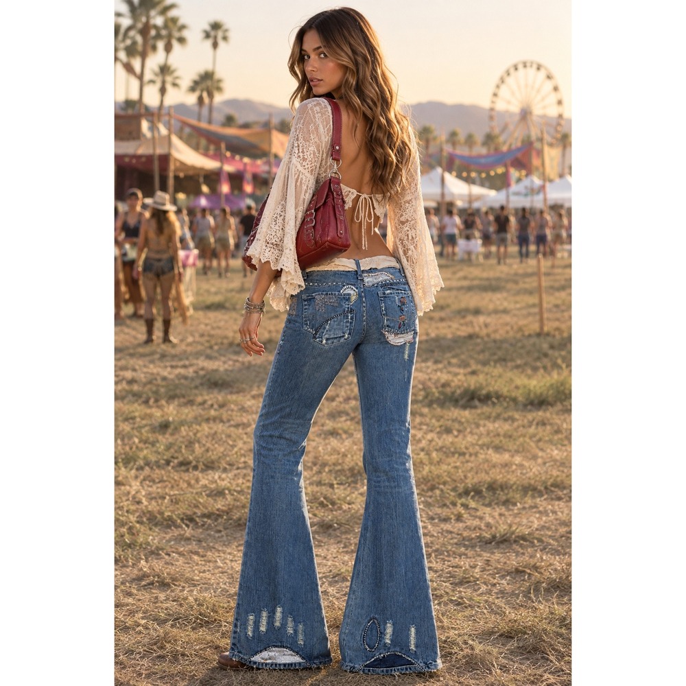 Venus Womens Y2K Flare Jeans Blue Denim Embroidered Lace Patchwork Low Rise SZ 6 - Picture 2 of 11